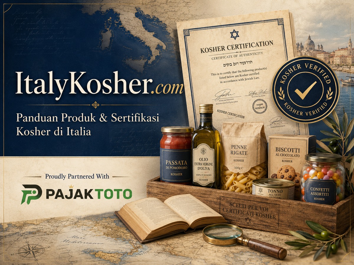 Hero banner ItalyKosher.com 1200x900 dengan partner Pajaktoto, sertifikasi kosher, dan produk pangan Italia